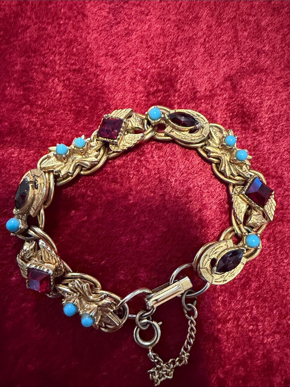 Vintage-Florenza signed Gold Bracelet w Red and Turquoise Stones great condition